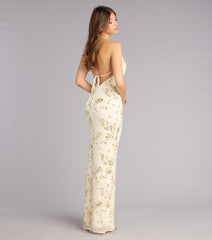 Maren Floral Sequin Mesh Halter Formal Dress