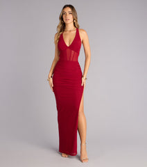 Kristy Mesh Corset Lace-Up Slit Formal Dress