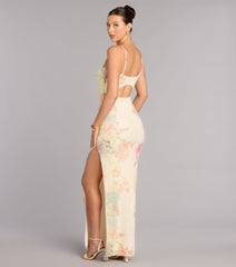 Linda Floral Beaded Column Formal Dress