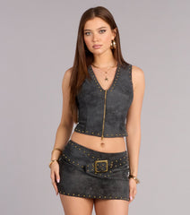 Serving Cool Studded Zip-Front Faux Leather Vest Top