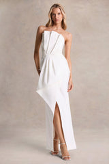 Dreamy Whispers | Cream Strapless Ruffle Split Maxi Dress