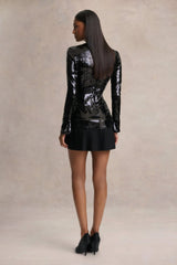 North | Black Sequin High-Neck Mini Dress With Pleats