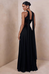 Lyvoria | Black Bandeau Maxi Dress With Mesh-Detail And Scarf