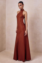 Cara | Rust Matte Satin High-Neck Maxi Dress