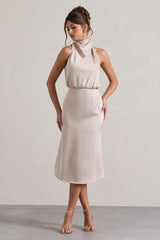 Geena | Champagne Satin Twisted High-Neck Midi Dress