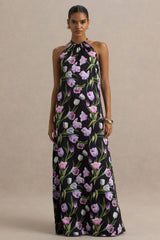Svana | Black Satin Floral Asymmetric Halter-Neck Maxi Dress