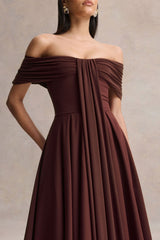 Dearest | Brown Bardot-Neck Midi Dress