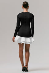 Lucinda | Black & White Long-Sleeve Mini Dress With Ruffle Hem