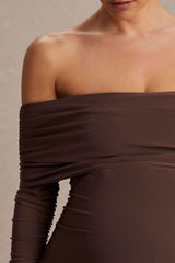Elspeth | Brown Bardot-Neck Maternity Midi Dress
