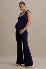 Impeccable | Navy Sweetheart Bow Strap Maternity Jumpsuit