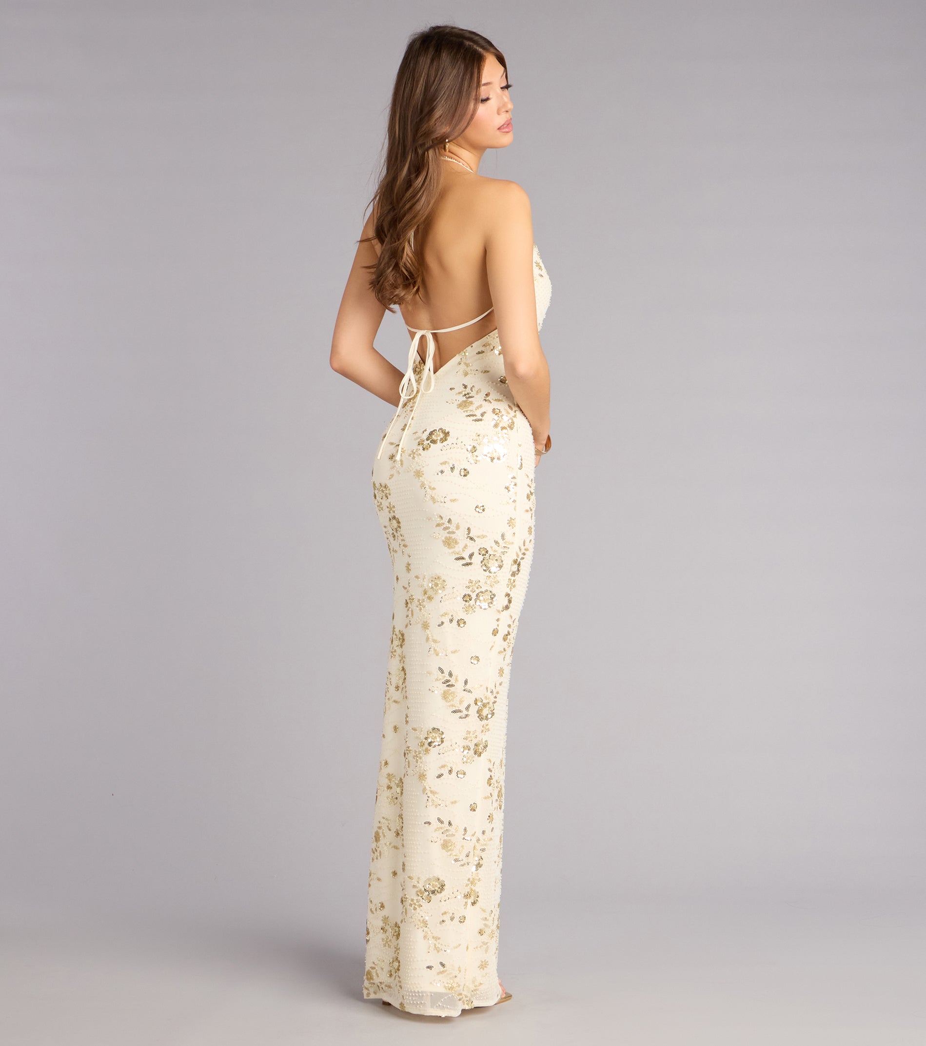 Maren Floral Sequin Mesh Halter Formal Dress