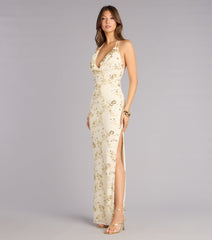 Maren Floral Sequin Mesh Halter Formal Dress