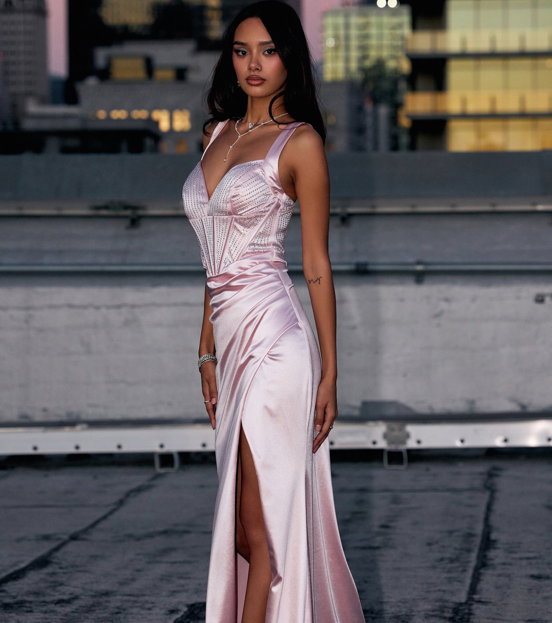 Aurora Satin Rhinestone Corset Formal Dress