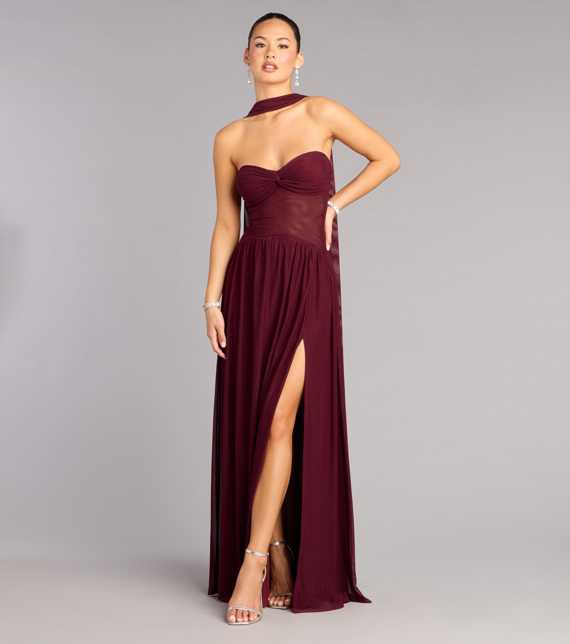 Rhea Mesh Strapless A-Line Dress With Scarf