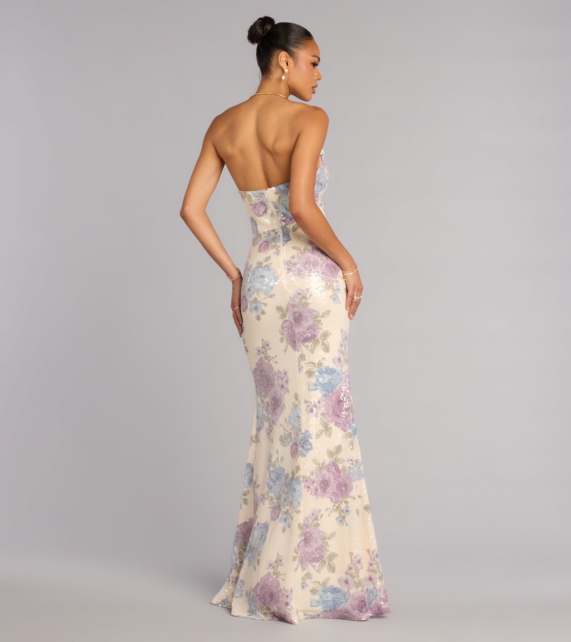 Tina Sequin Floral Slit Formal Dress