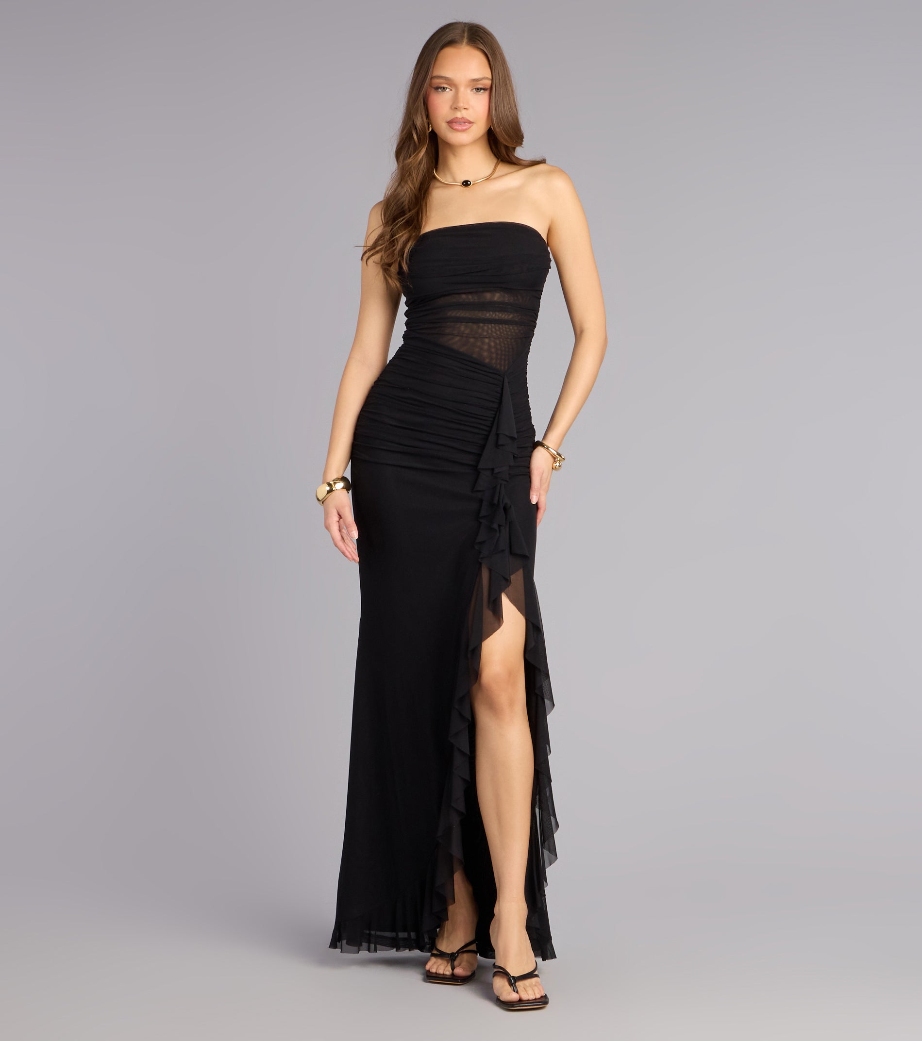 Sienna Mesh Ruffle Slit Formal Dress