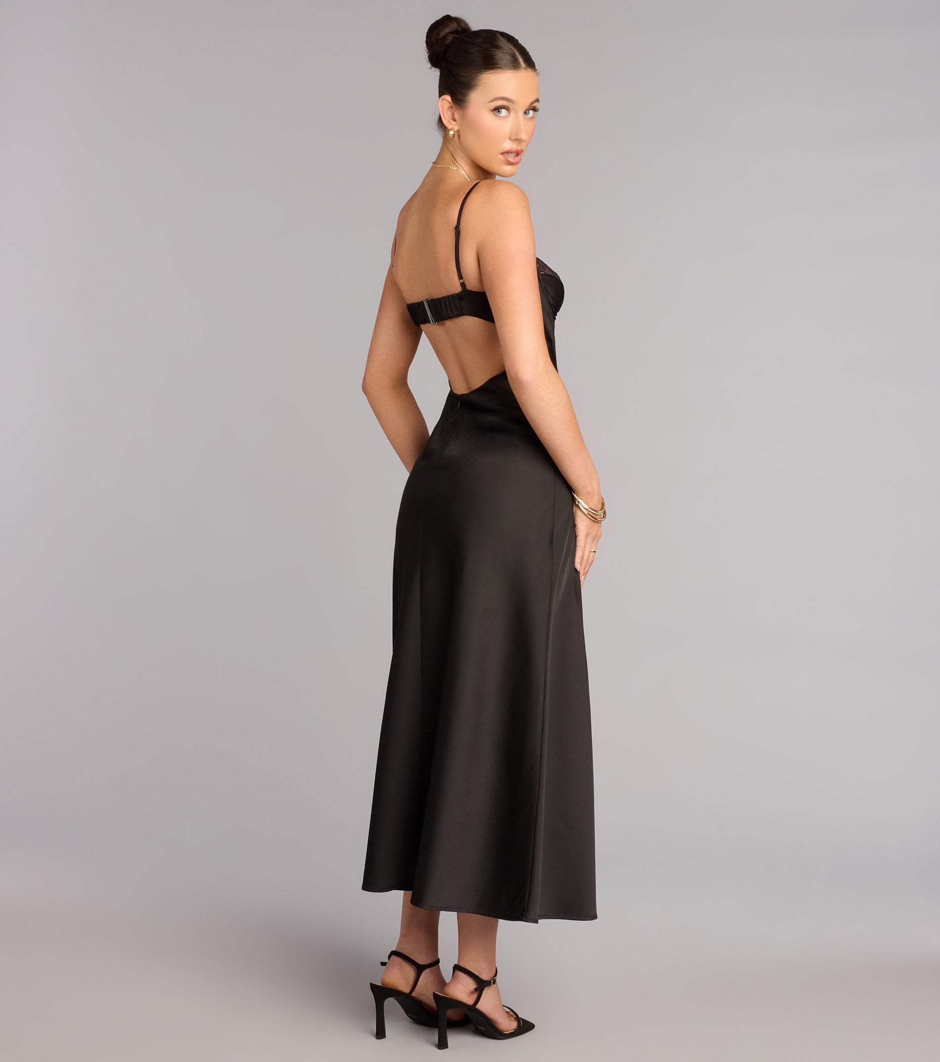 Whispered Elegance Lace Trim Satin Midi Dress