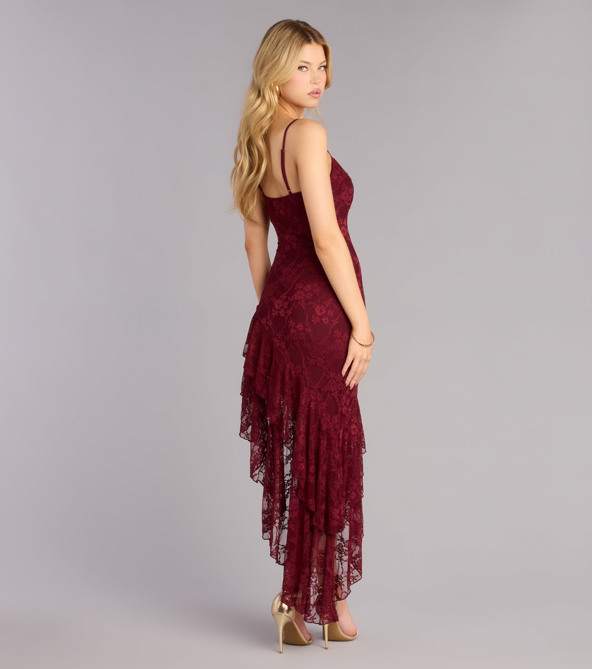 RSVP Ready Lace Asymmetric Ruffle Midi Dress