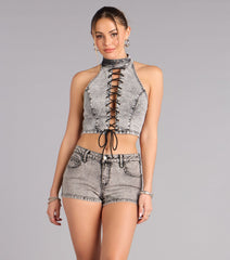 Confidence On Cue Lace-Up Denim Crop Top