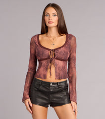 Bold Deets Snake Print Mesh Tie-Front Top