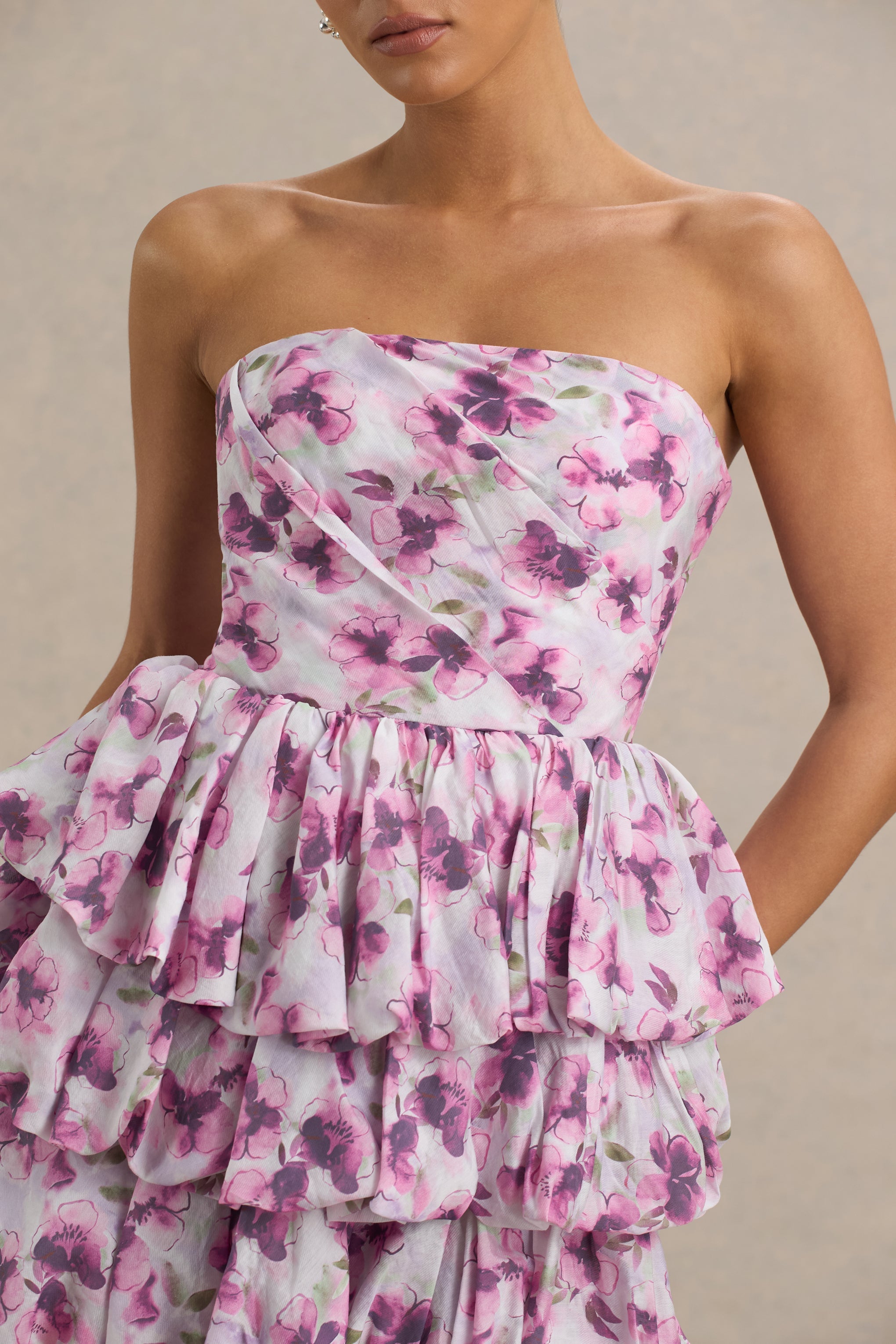 Swirl | Cream Floral Print Bandeau Puffball Mini Dress With Ruffle Detail
