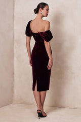 High End | Burgundy Velvet Asymmetric-Neck Midi Dress With Draped Detailing