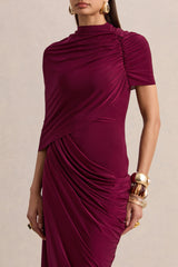Lunaline | Burgundy High-Neck Maxi Dress With Asymmetric Cape And Draped-Detailing