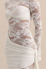 Milavia | White Lace Crew-Neck Mini Dress With Wrap & Sash Detail