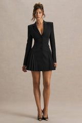 Blossoming | Black Plunge-Neck Tailored Mini Dress With Pleating