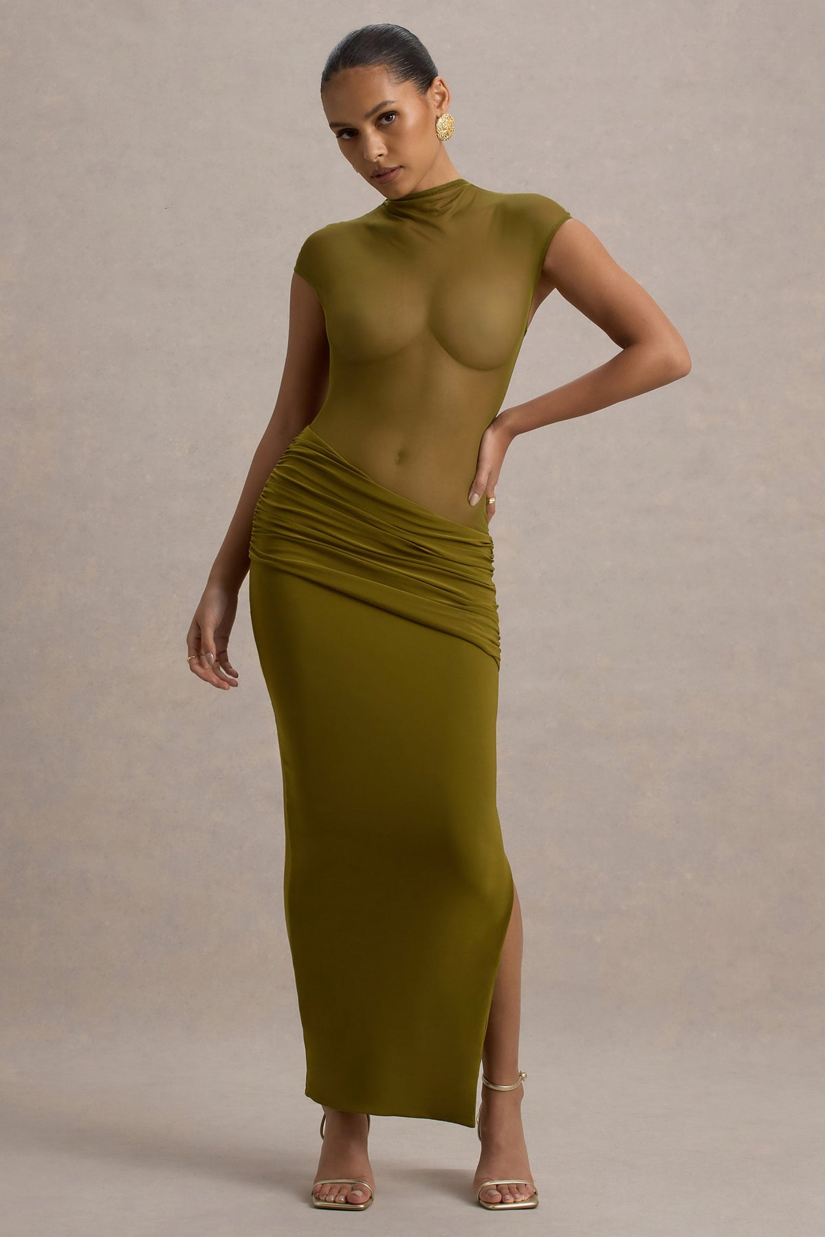 Asia | Green Sheer Short-Sleeve Draped Maxi Dress