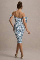 Citrus | Blue Porcelain Print Bardot Bodycon Midi Dress With Bow Sleeves
