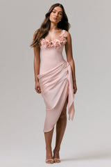 Letitia | Pale Pink Square-Neck Floral Detailed Wrap Midi Dress