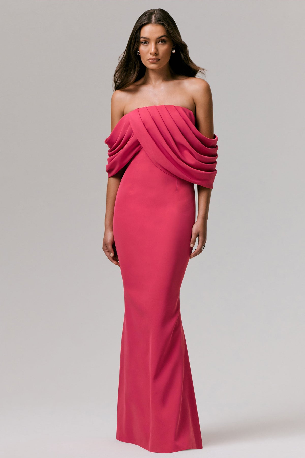 Serene | Hot Pink Draped Bardot Maxi Dress