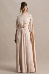 Olessia | Champagne Belted Gathered Cape-Sleeve Maxi Dress