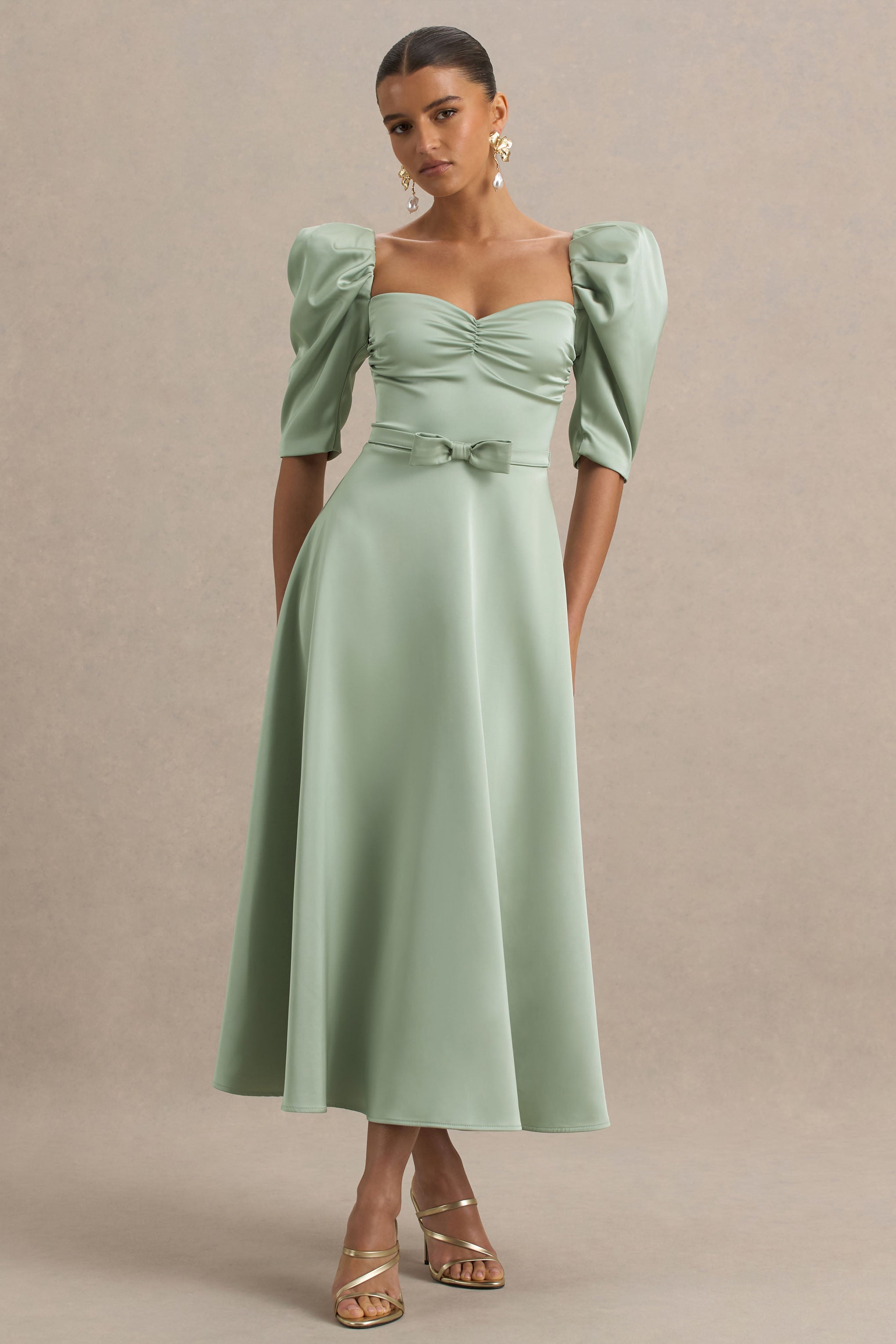 Rosey | Green Satin Sweetheart Midi Dress