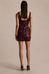 Moonshine | Burgundy Floral Sequin Embellished Square-Neck Mini Dress