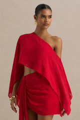 Aruba | Red Satin Devore Asymmetric Long-Sleeve Crop Top