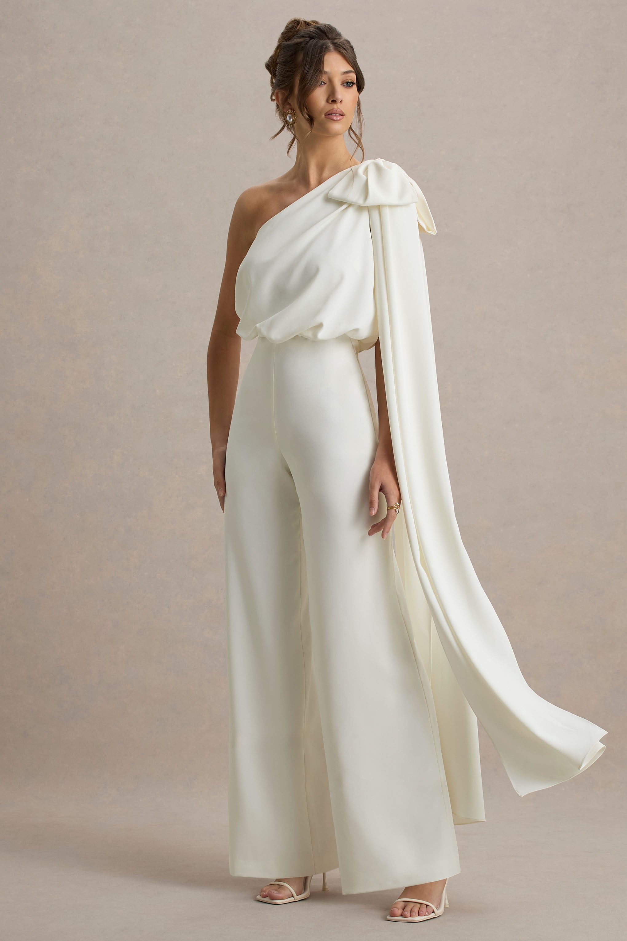 Alice | Cream Asymmetric Bow Shoulder Jumpsuit With Drape
