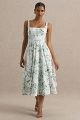 Lissa | Green Porcelain Print Square-Neck Midi Dress