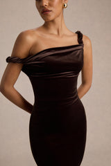 Carella | Brown Velvet Twisted Asymmetric Midi Dress