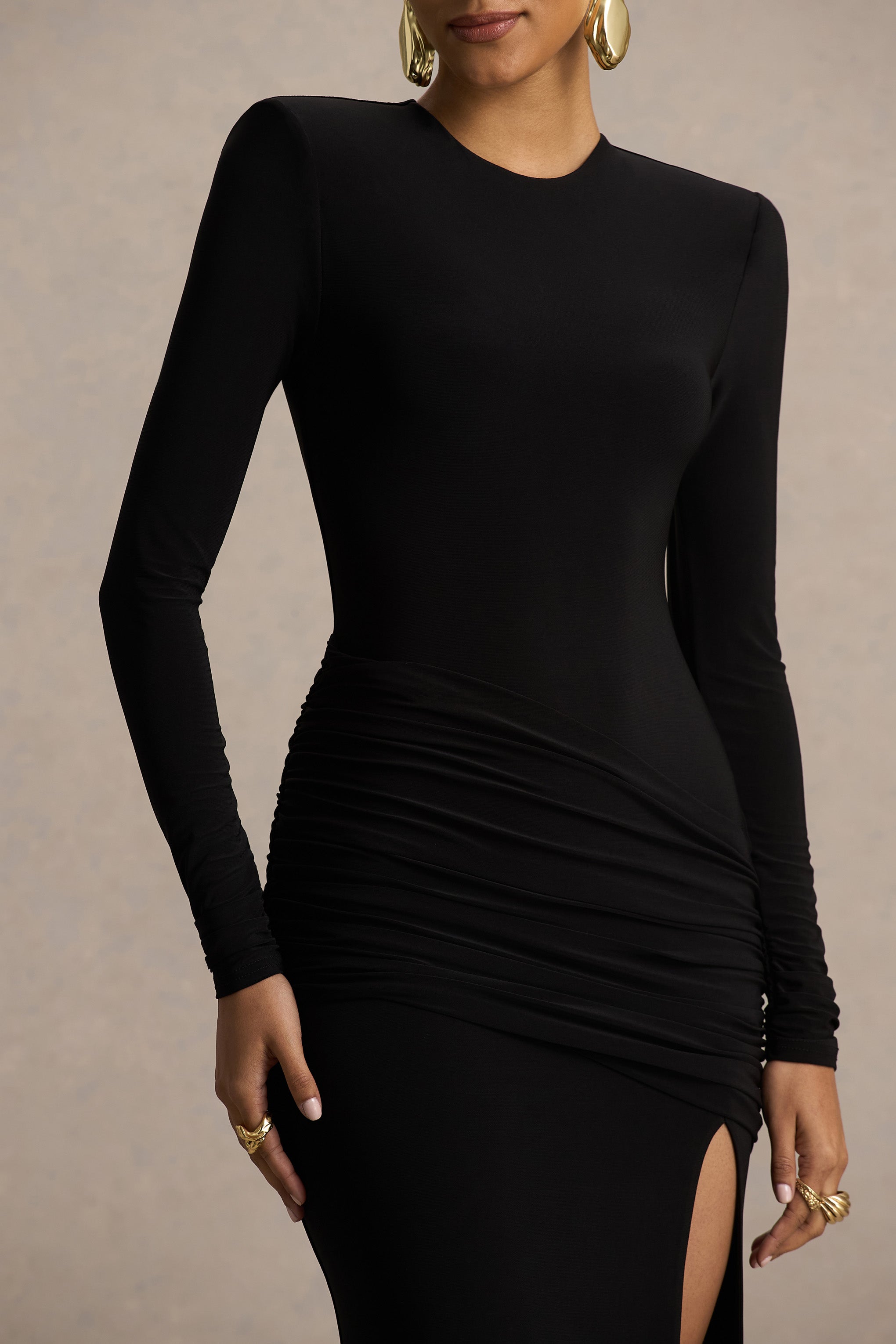 Liora | Black Crew-Neck Maxi Dress With Front-High Split