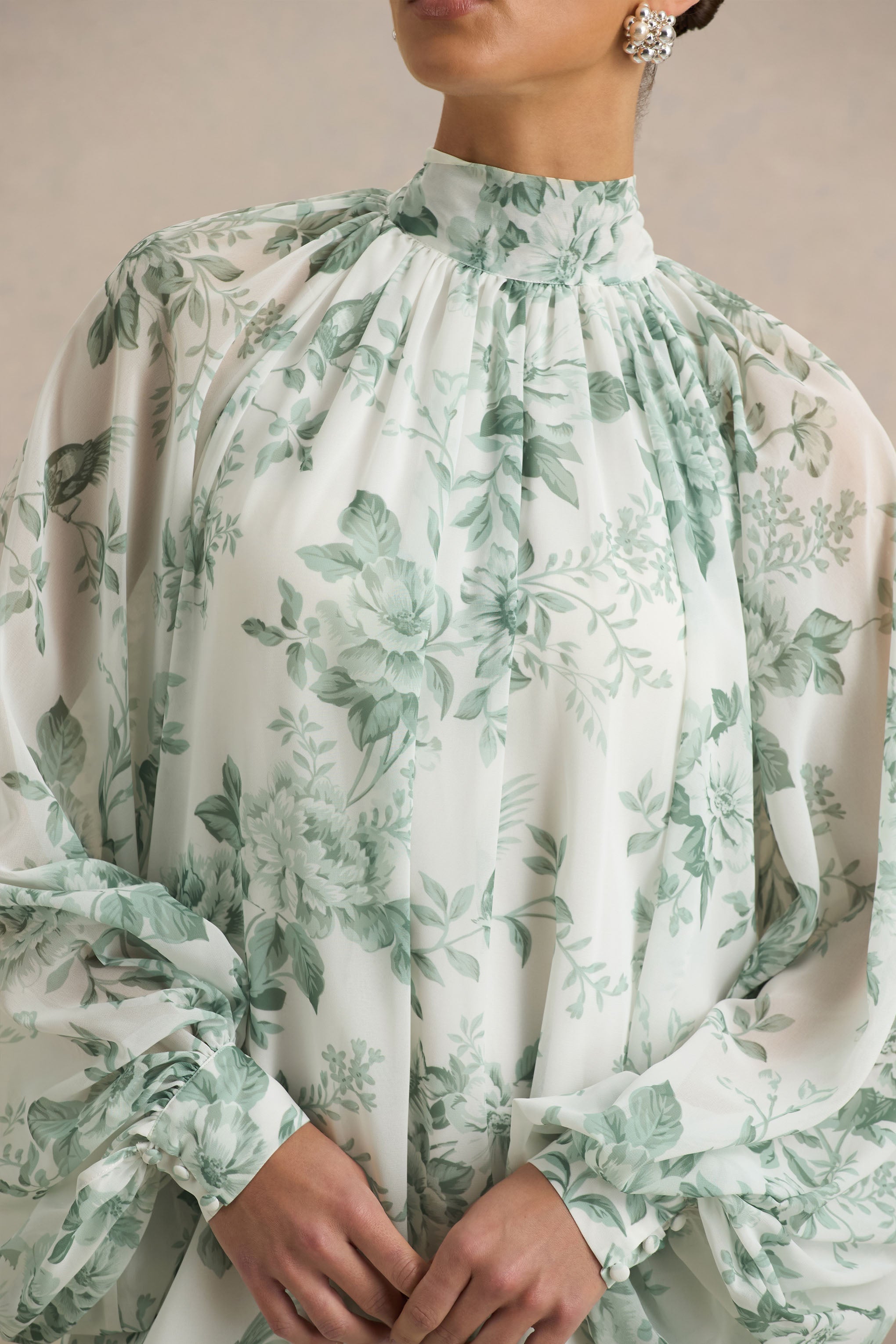 Delphia | Green Floral Print High-Neck Maxi Dress