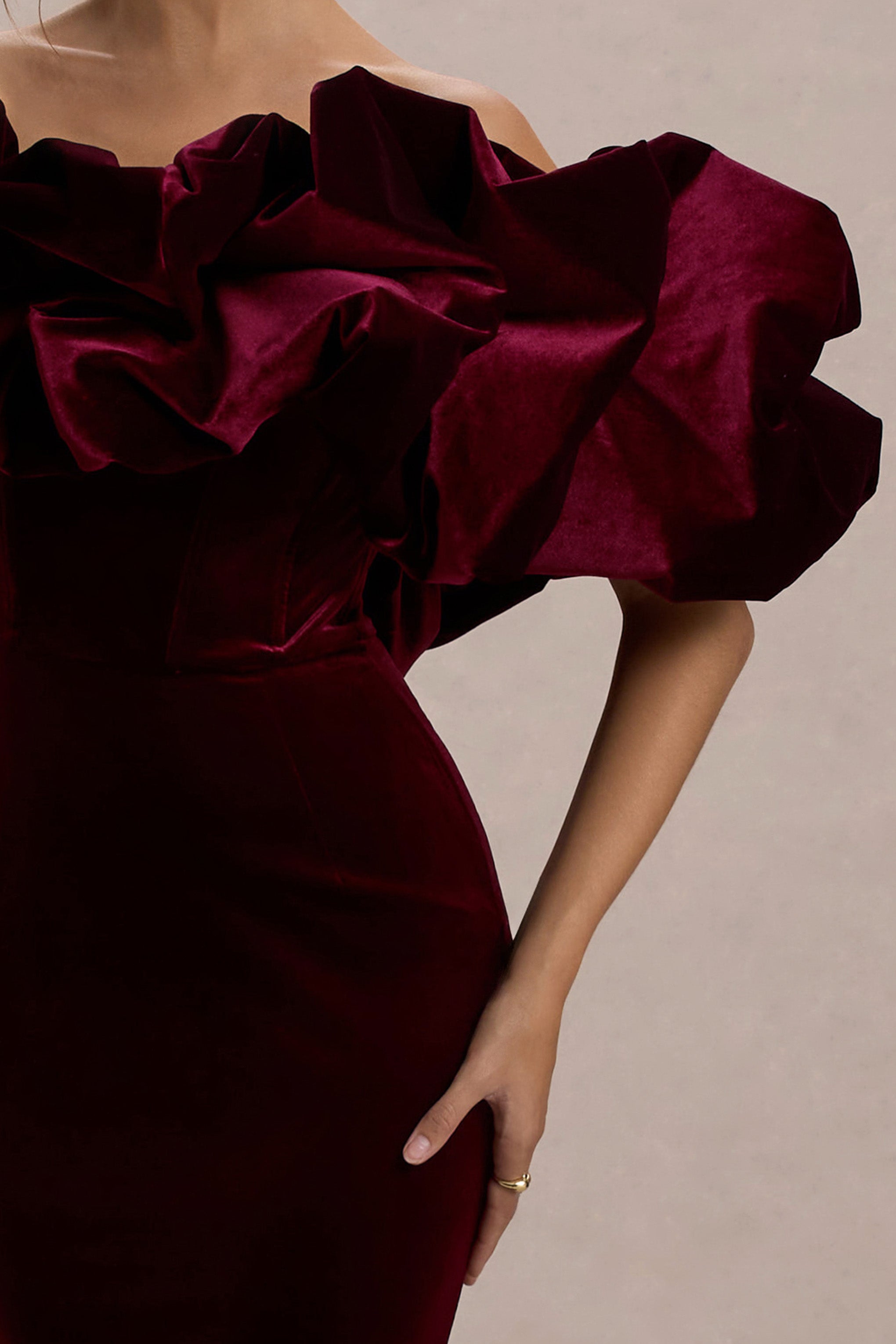 Cecily | Port Velvet Bardot Maxi Dress With Velvet Ruffle Trim