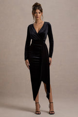 Arcadia | Black Velvet Plunge-Neck Wrap Midi Dress